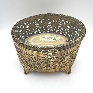 Vintage 24kt Gold Plated Filigree Ormolu Oval Jewelry Casket Box Glass Lid Clean